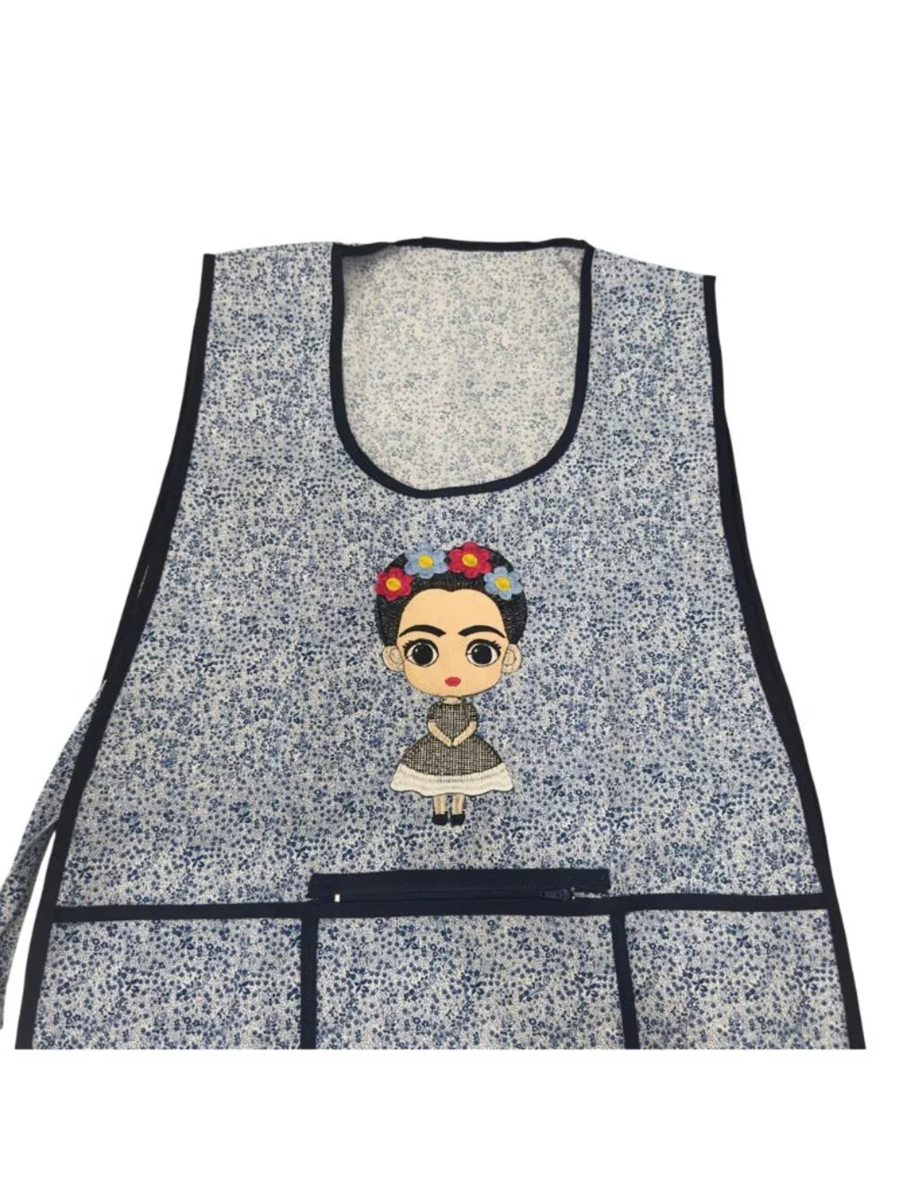 Apron Women One Size Blue Floral Frida-Inspired Embroidered Pockets Tie Closure